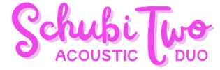 Minimalist black background band logo: the text "SchubiTwo" in elegant serif lettering with two thin acoustic guitar outlines above the word. Monochrome PNG.
